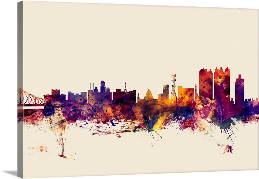 Contemporary artwork of the Calcutta city skyline in watercolor paint splashes.