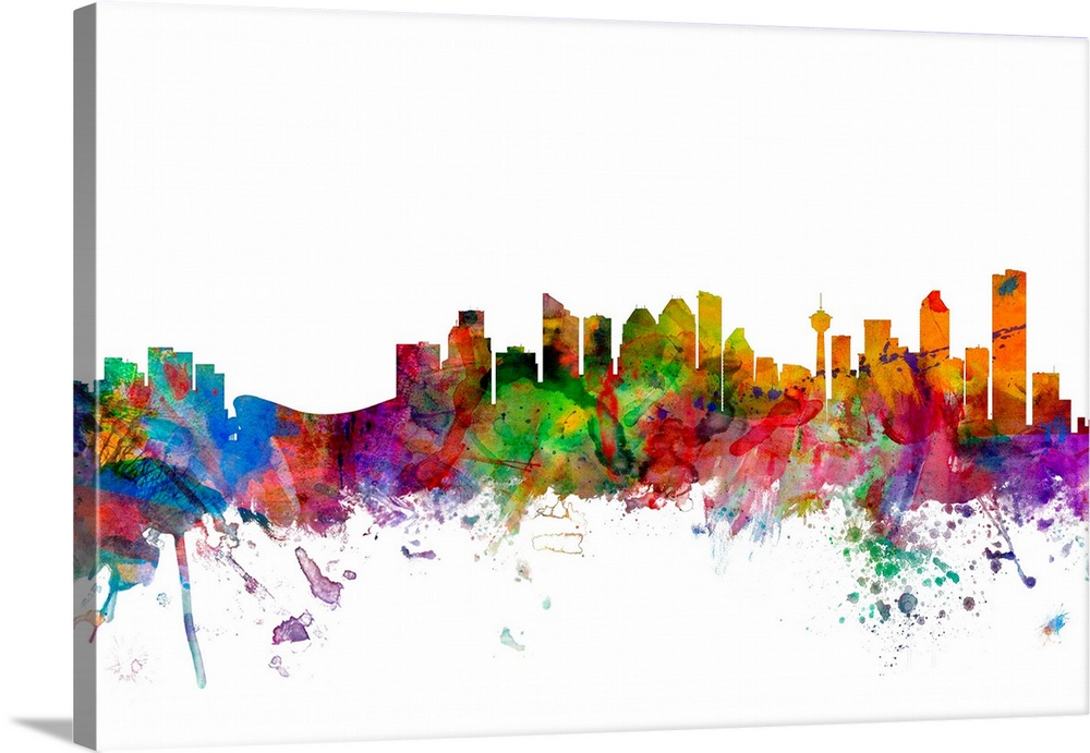 Watercolor artwork of the Calgary skyline against a white background.