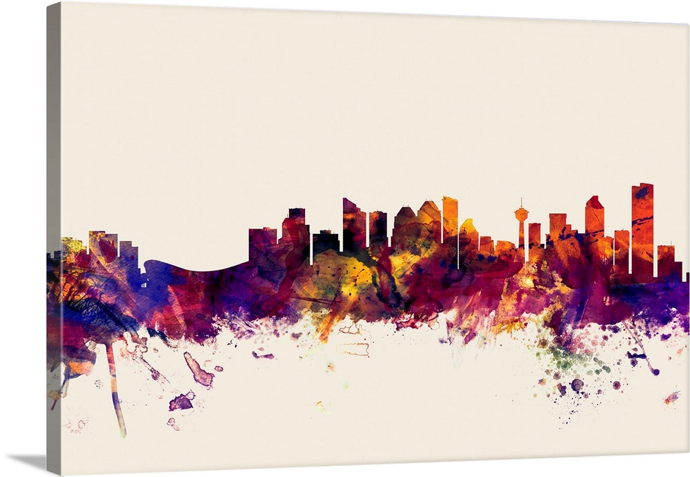 Contemporary artwork of the Calgary city skyline in watercolor paint splashes.
