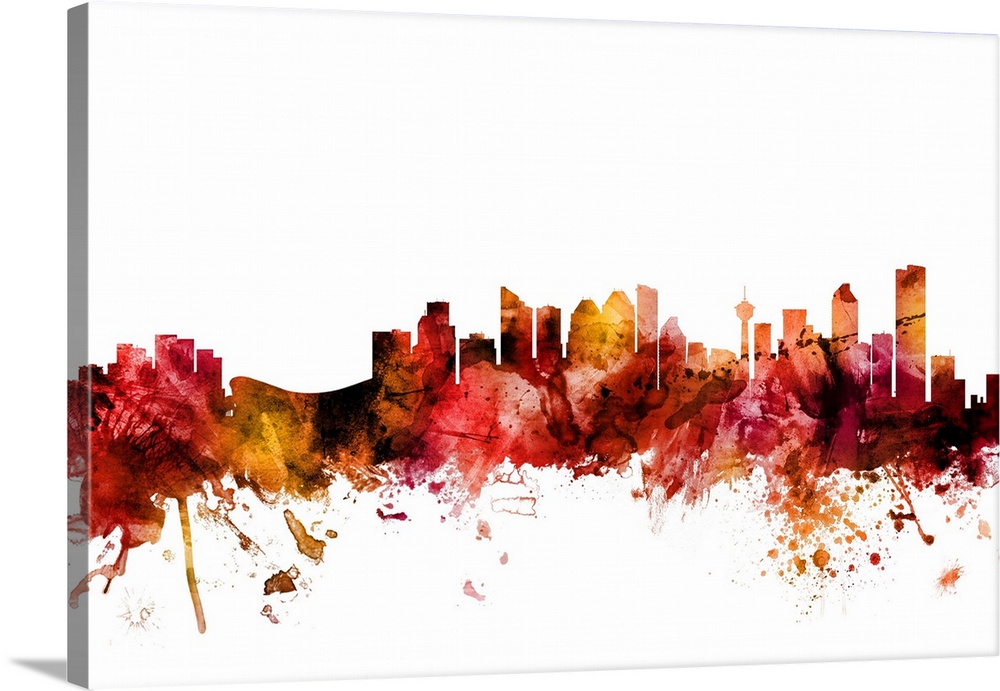 Watercolor art print of the skyline of the city of Calgary, Alberta, Canada.