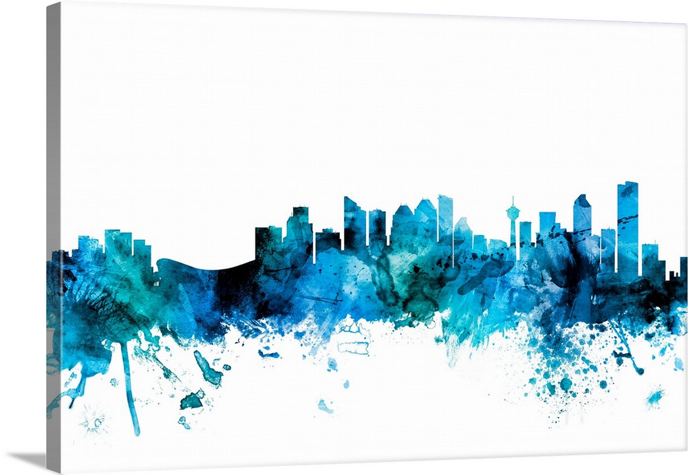 Watercolor art print of the skyline of the city of Calgary, Alberta, Canada.