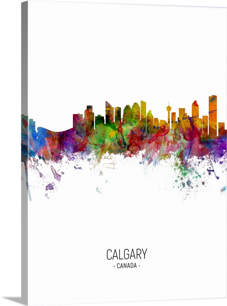 Watercolor art print of the skyline of the city of Calgary, Alberta, Canada
