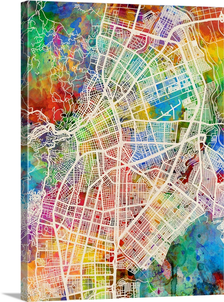 Watercolor street map of Cali, Colombia