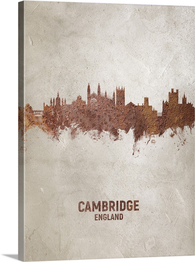 Art print of the skyline of Cambridge, England, United Kingdom. Rust on concrete.