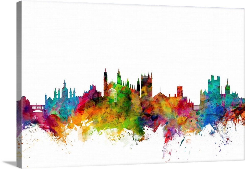 Contemporary piece of artwork of the Cambridge skyline made of colorful paint splashes.