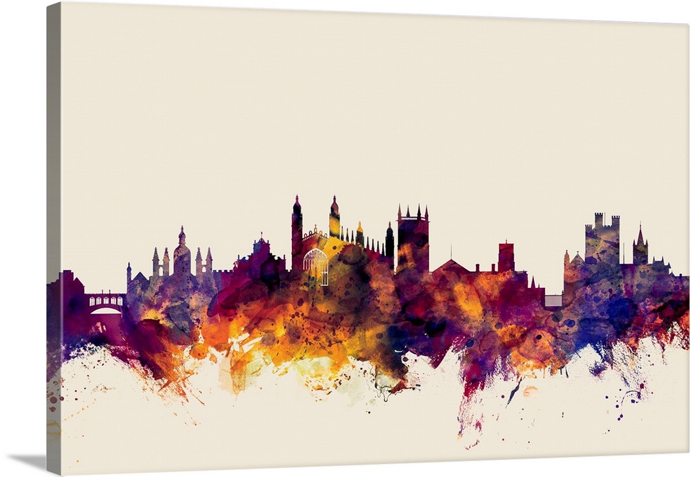 Contemporary artwork of the Cambridge city skyline in watercolor paint splashes.