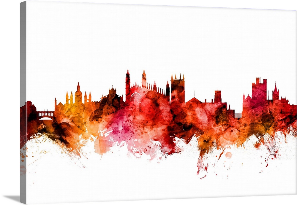 Watercolor art print of the skyline of Cambridge, England, United Kingdom.