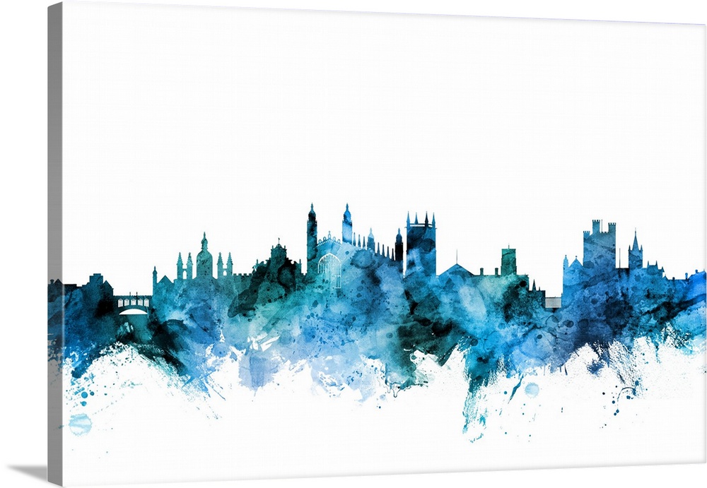 Watercolor art print of the skyline of Cambridge, England, United Kingdom.