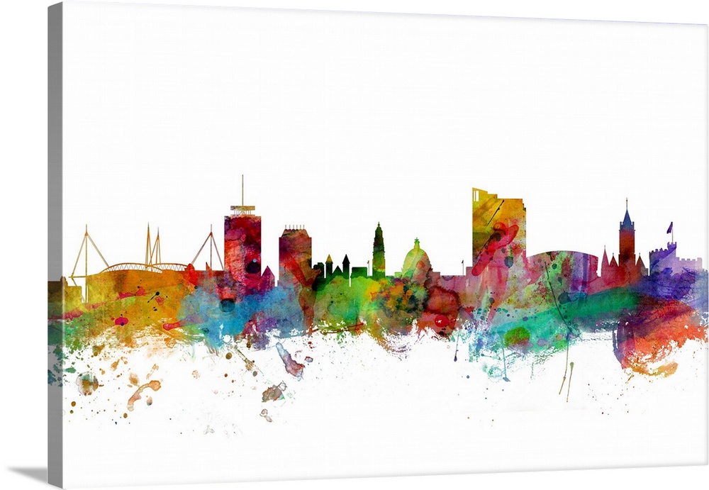 Contemporary piece of artwork of the Cardiff, Wales skyline made of colorful paint splashes.