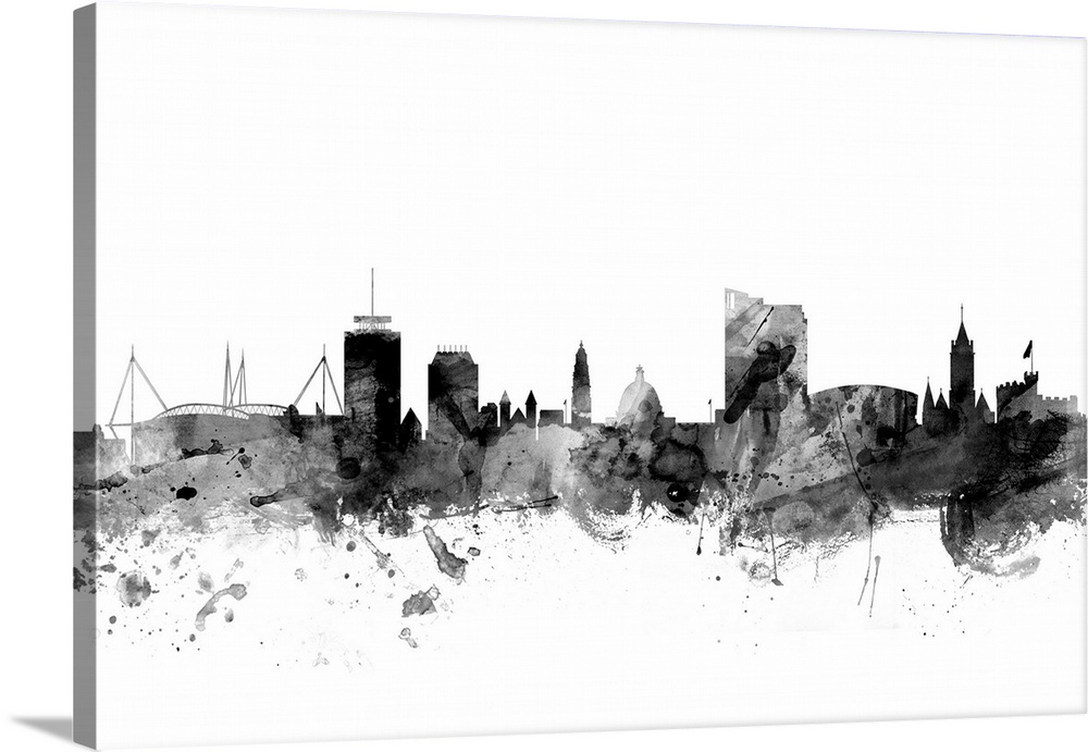 Contemporary artwork of the Cardiff city skyline in black watercolor paint splashes.
