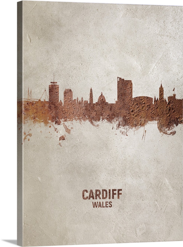 Art print of the skyline of Cardiff, Wales, United Kingdom. Rust on concrete.