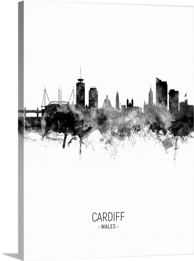 Watercolor art print of the skyline of Cardiff, Wales, United Kingdom