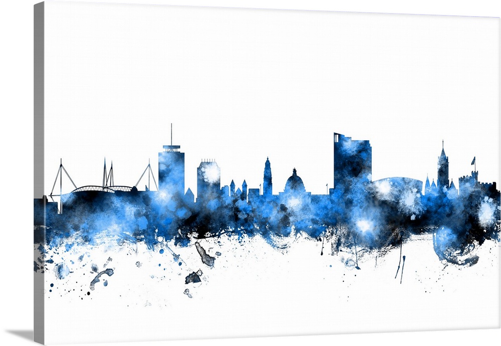 Watercolor art print of the skyline of Cardiff, Wales, United Kingdom.