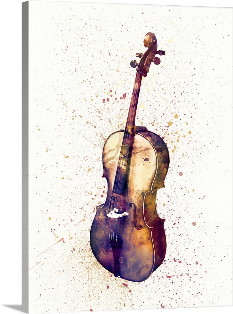 Contemporary artwork of a cello with bright colorful watercolor paint splatter all over it.