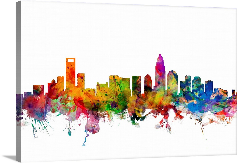 Watercolor artwork of the Charlotte skyline against a white background.