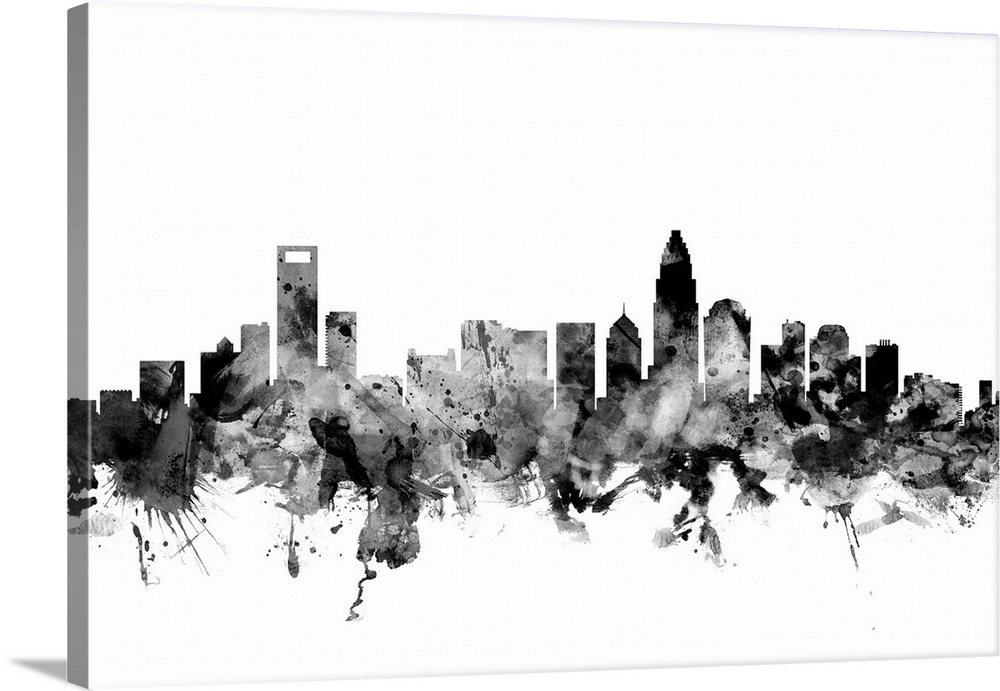 Contemporary artwork of the Charlotte city skyline in black watercolor paint splashes.