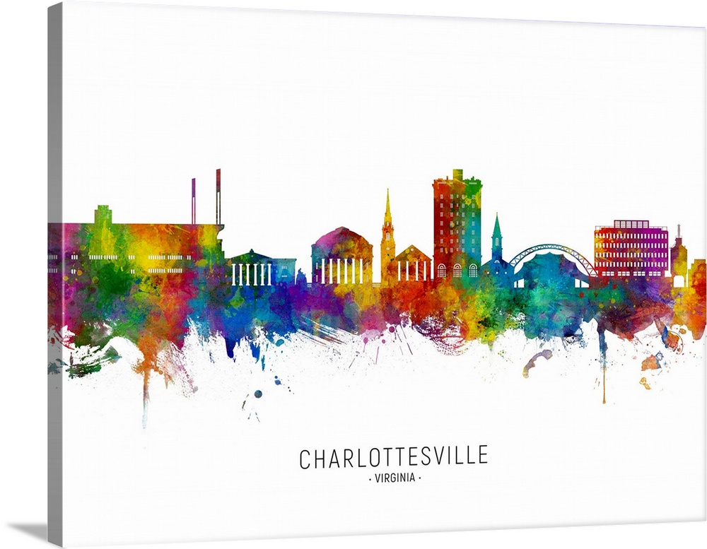 Watercolor art print of the skyline of Charlottesville, Virginia