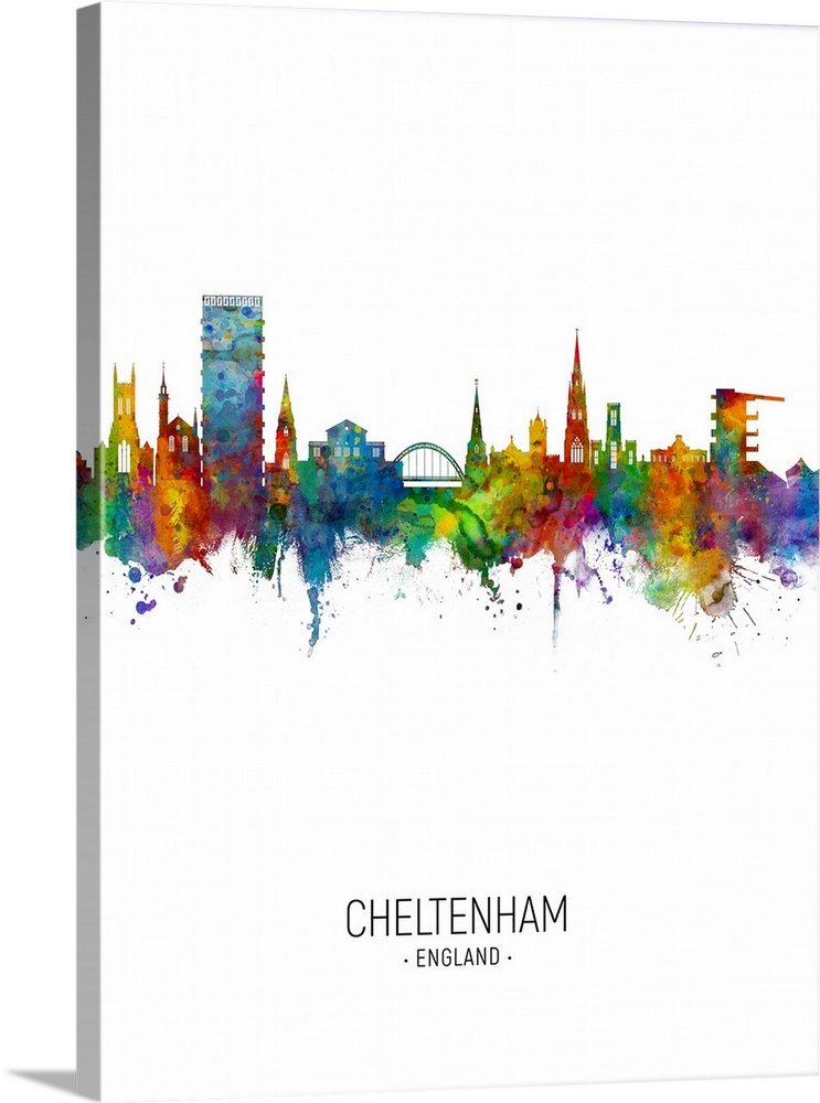 Watercolor art print of the skyline of Cheltenham, England, United Kingdom