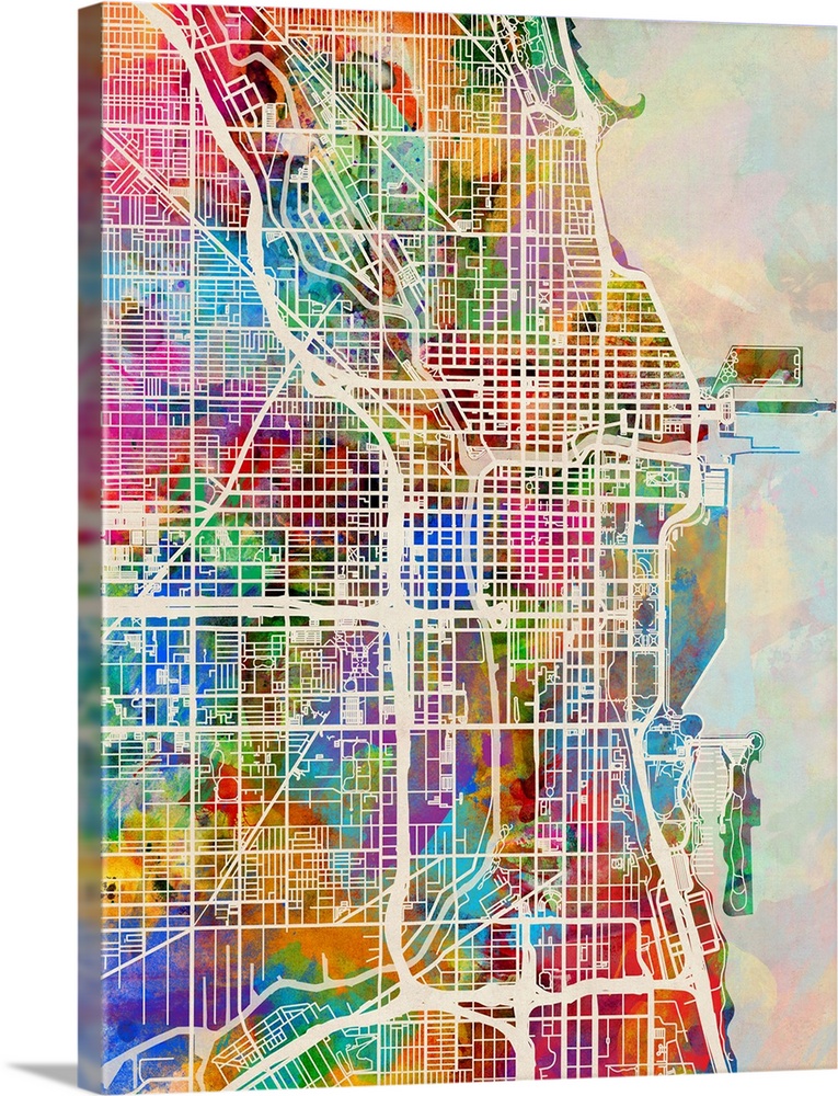 Watercolor art map of Chicago city streets.