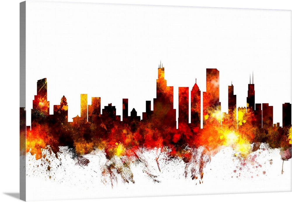 Contemporary piece of artwork of the Chicago skyline made of colorful paint splashes.