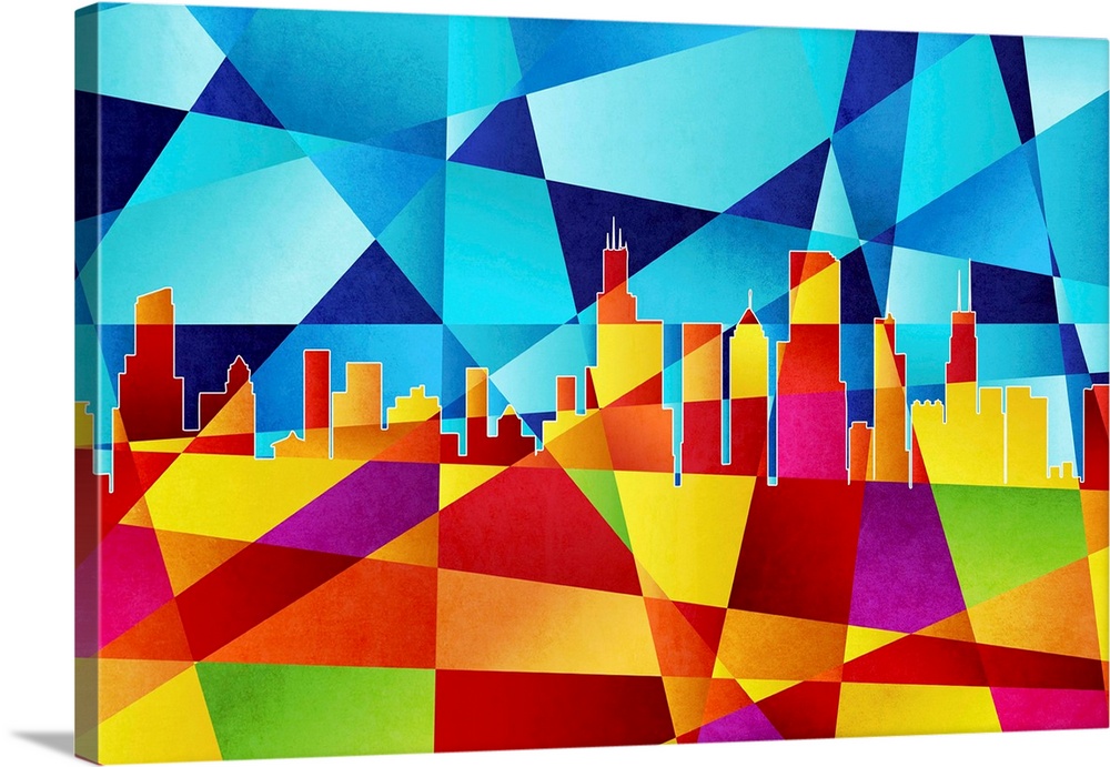 Contemporary artwork of a geometric and prismatic skyline of Chicago.