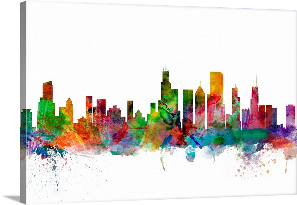 Watercolor artwork of the Chicago skyline against a white background.