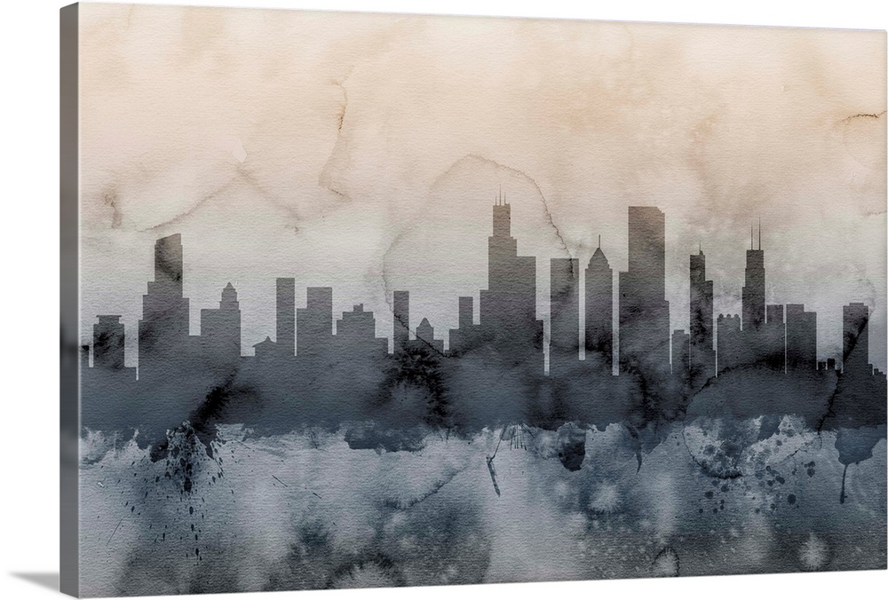 Watercolor art map of the Chicago skyline.