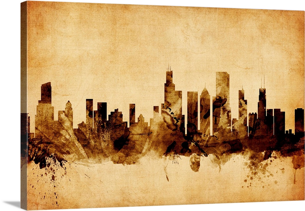 Contemporary artwork of the Chicago city skyline in a vintage distressed look.