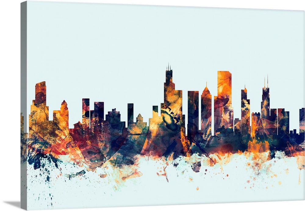 Dark watercolor silhouette of the  Chicago city skyline against a light blue background.