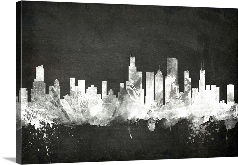 Smokey dark watercolor silhouette of the Chicago city skyline against chalkboard background.