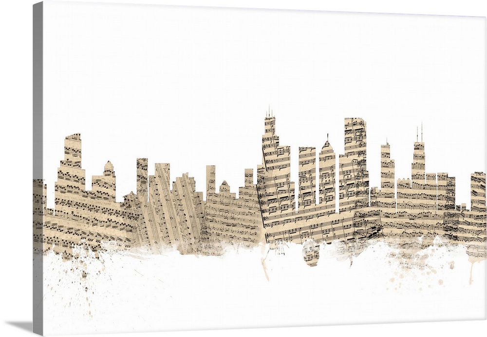 Chicago skyline made of sheet music against a white background.