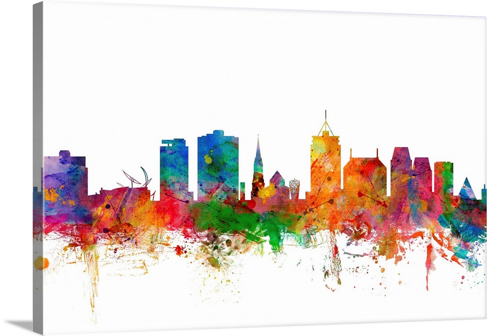 Watercolor artwork of the Christchurch skyline against a white background.
