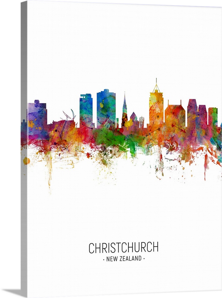 Watercolor art print of the skyline of Christchurch, New Zealand