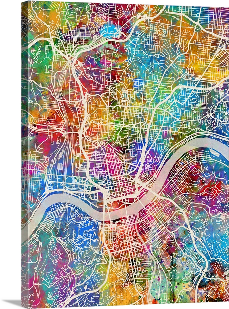 Watercolor street map of Cincinnati, Ohio, United States