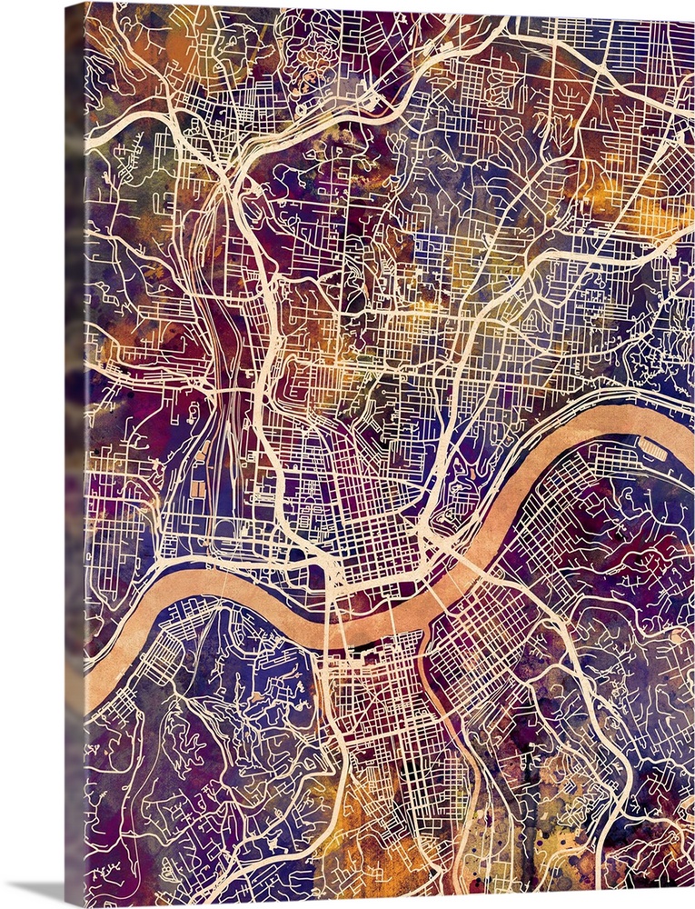 Watercolor street map of Cincinnati, Ohio, United States