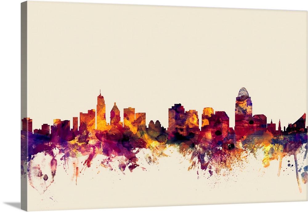 Watercolor artwork of the Cincinnati skyline against a beige background.