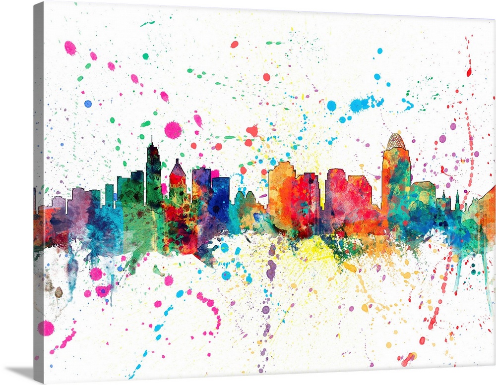 Wild and vibrant paint splatter silhouette of the Cincinnati skyline.