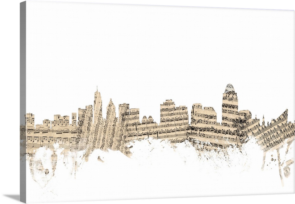 Cincinnati skyline made of sheet music against a white background.