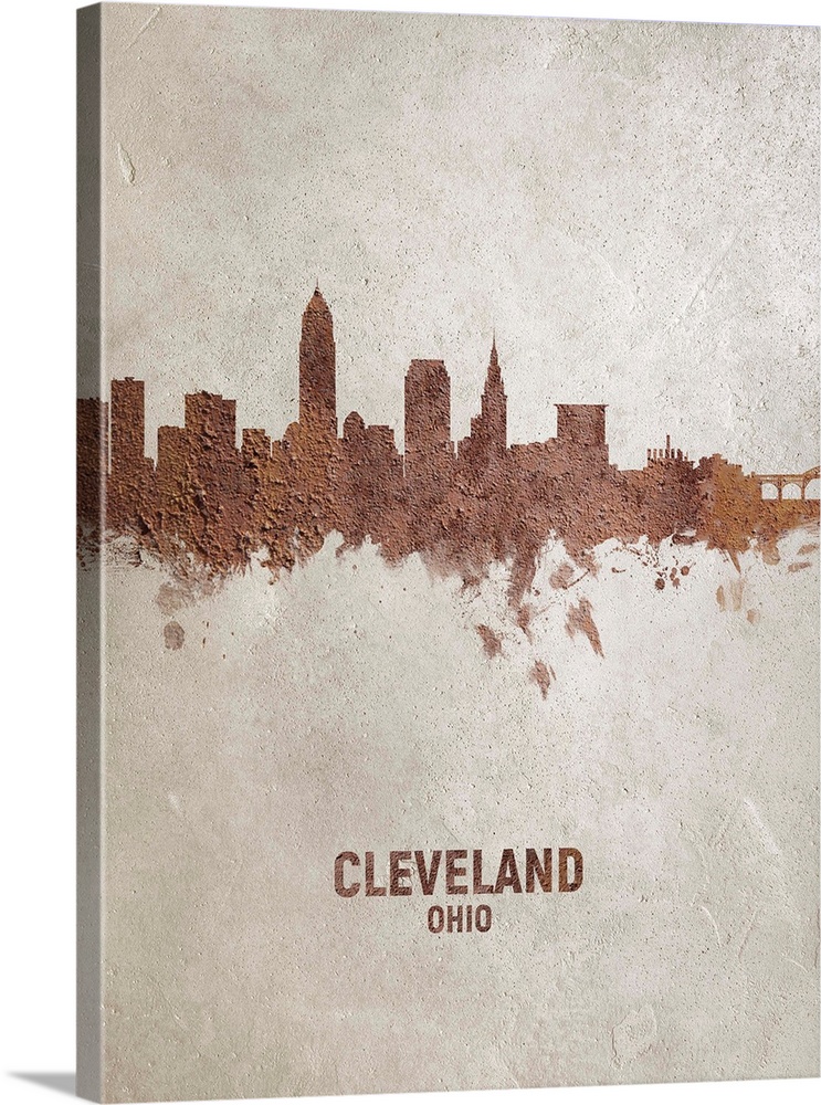 Art print of the skyline of Cleveland, Ohio, United States. Rust on concrete.