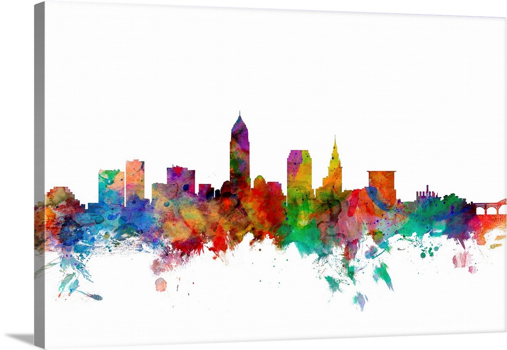 Watercolor artwork of the Cleveland skyline against a white background.