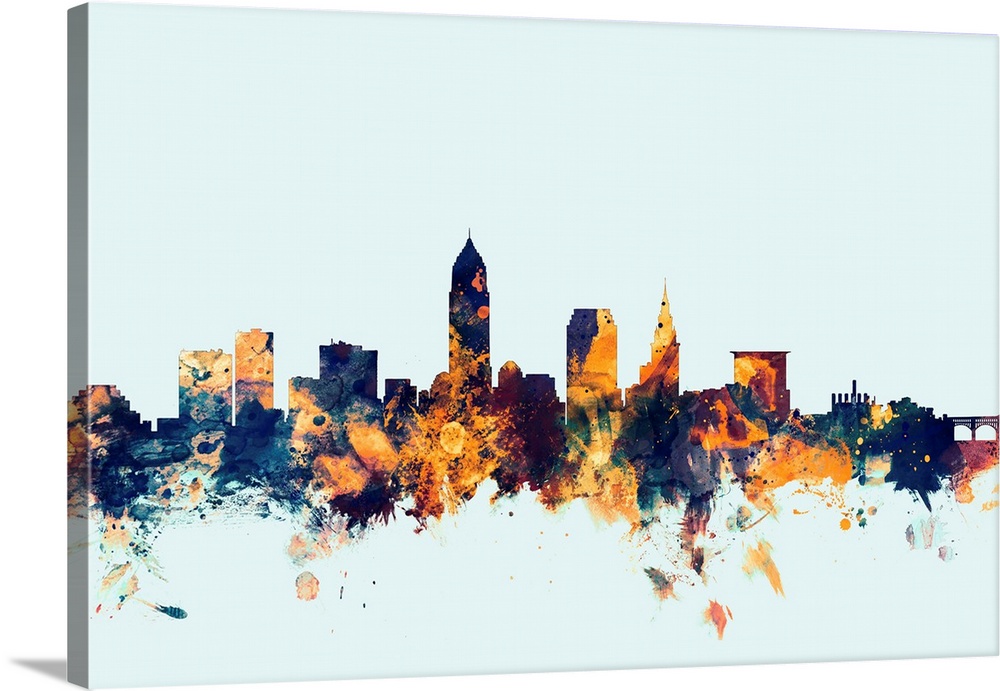 Dark watercolor silhouette of the Cleveland city skyline against a light blue background.