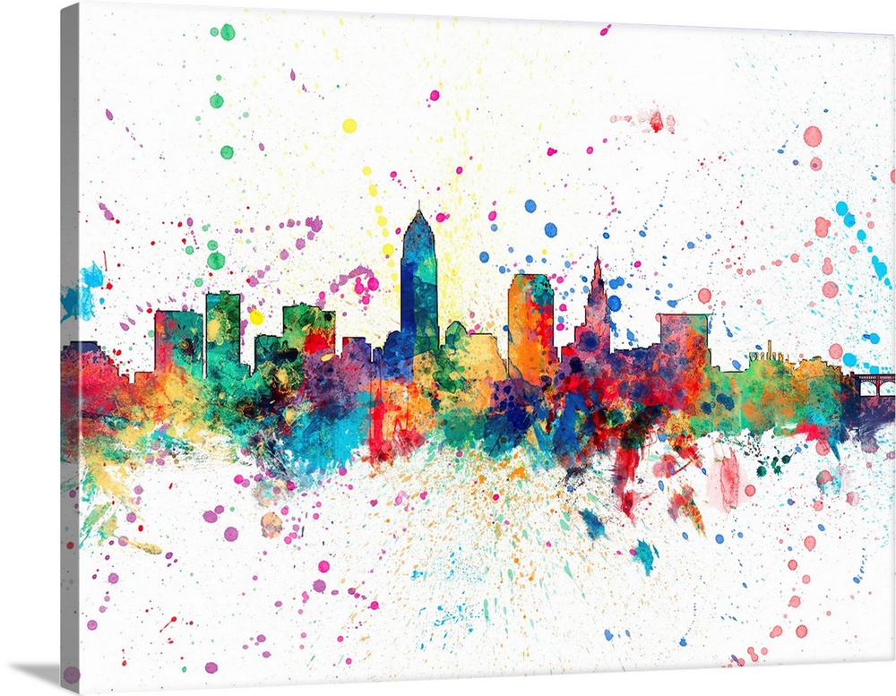 Wild and vibrant paint splatter silhouette of the Cleveland skyline.