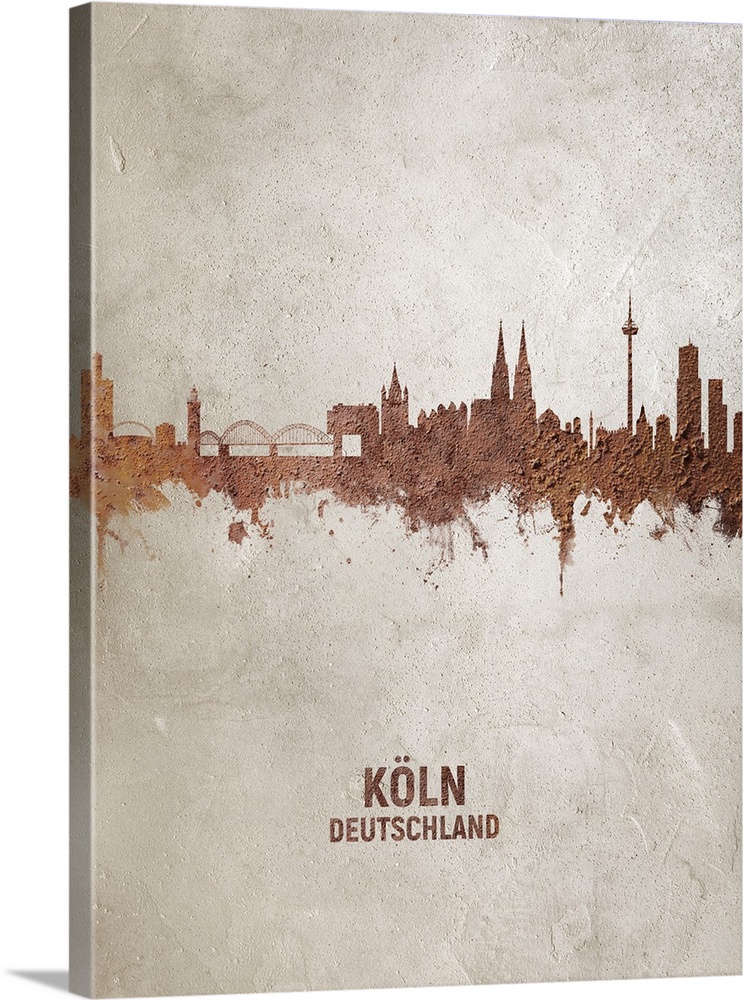Art print of the skyline of Cologne, Germany (Koln). Rust on concrete.