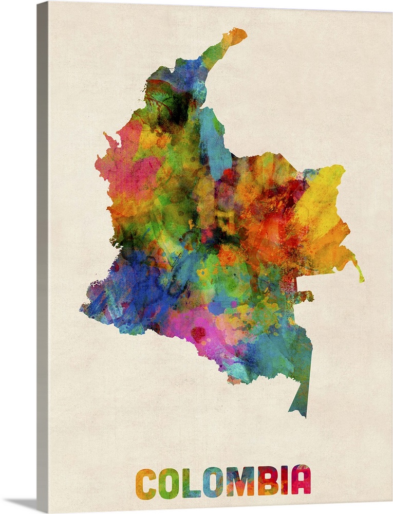 Contemporary piece of artwork of a map of Colombia made up of watercolor splashes.