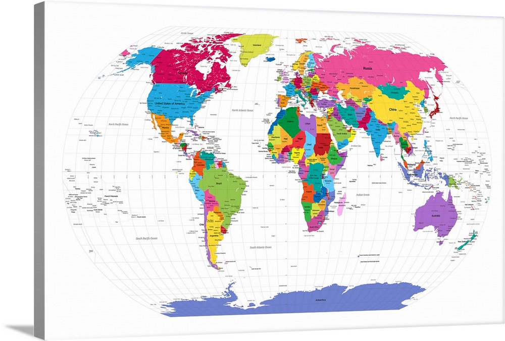 Large artwork of a map of the world with each country colored brightly.
