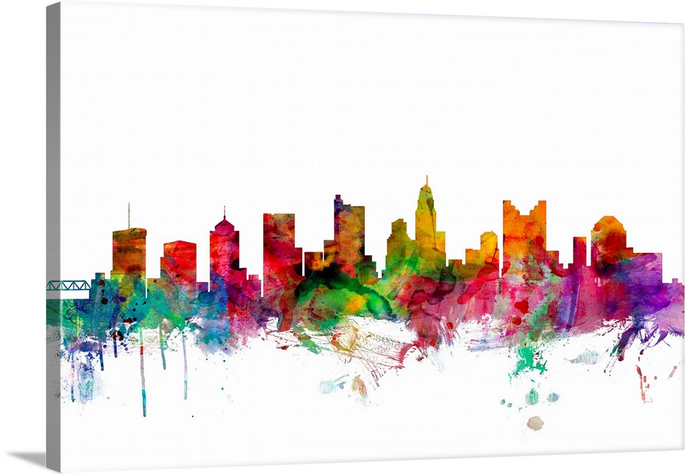 Watercolor artwork of the Columbus skyline against a white background.