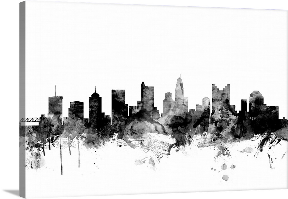 Contemporary artwork of the Columbus city skyline in black watercolor paint splashes.