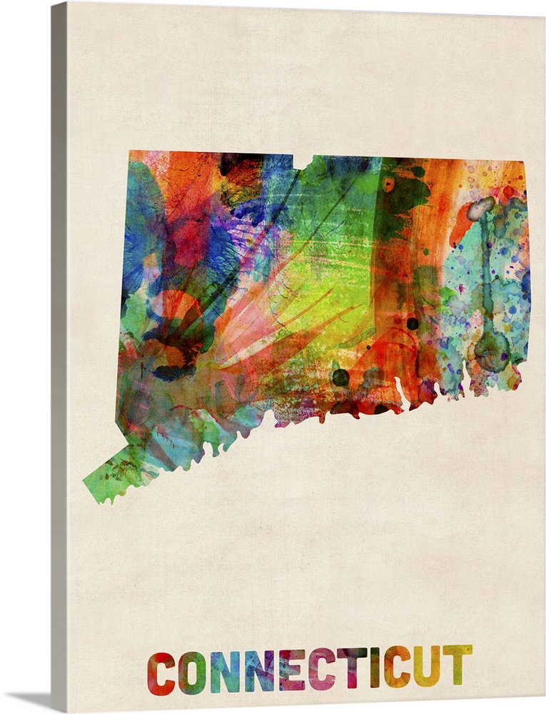 Contemporary piece of artwork of a map of Connecticut made up of watercolor splashes.
