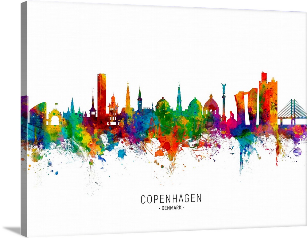 Watercolor art print of the skyline of Copenhagen, Denmark .