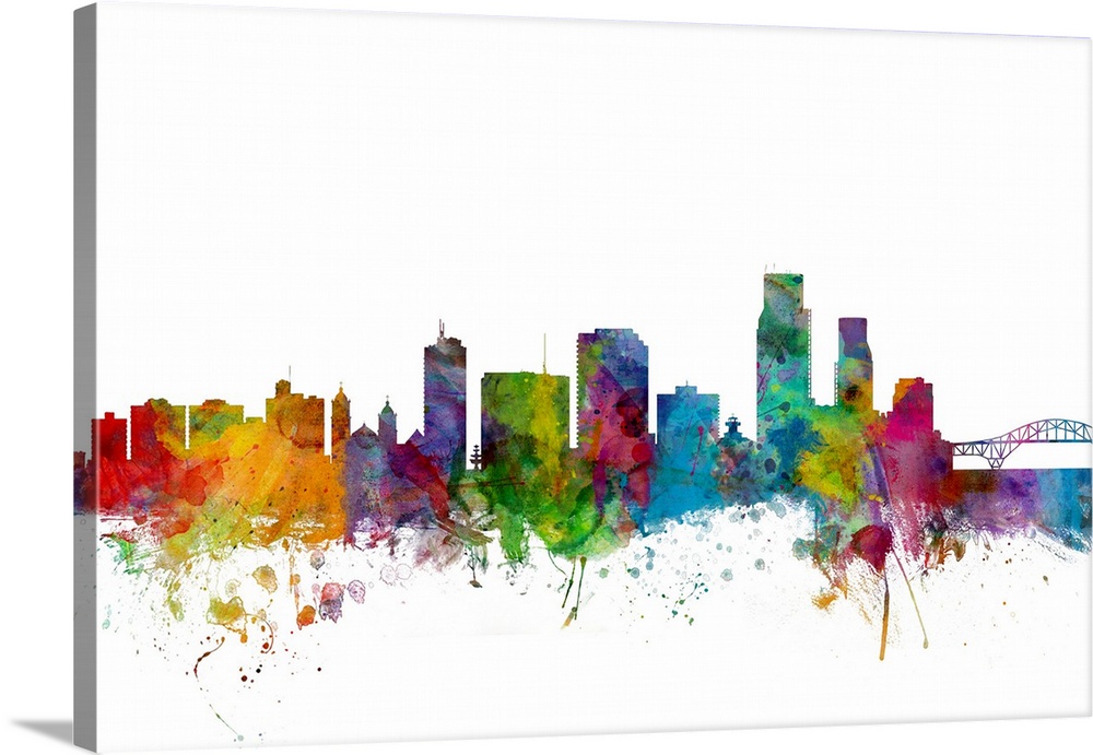 Watercolor artwork of the Corpus Christie skyline against a white background.